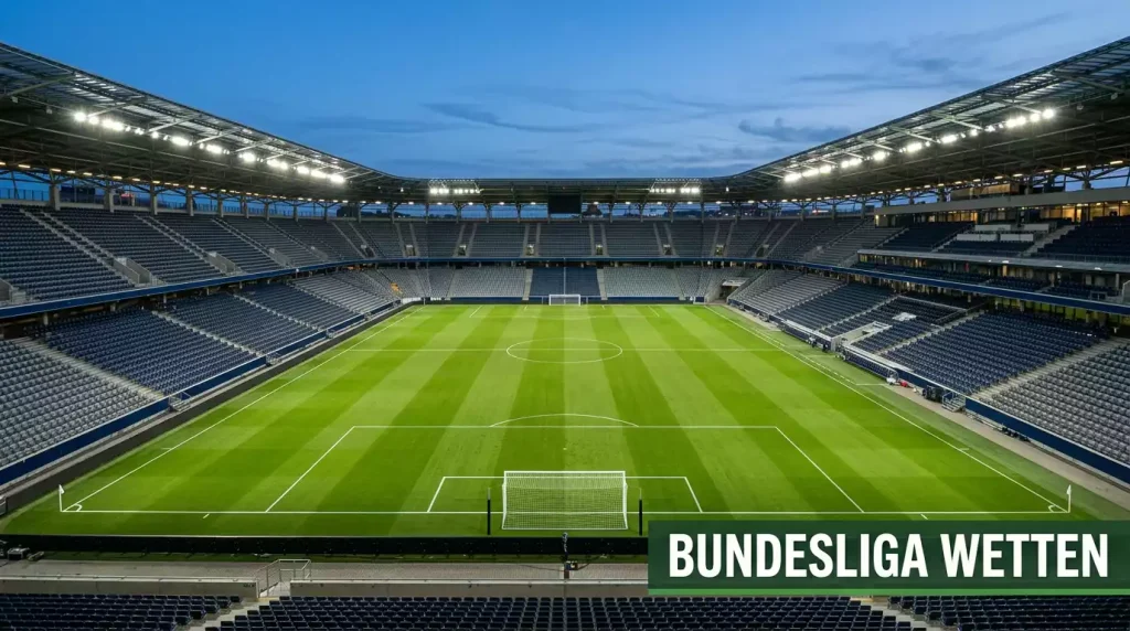 Bundesliga Wetten Tipps — Blick auf ein Bundesliga-Stadion mit grünem Rasen bei Flutlicht