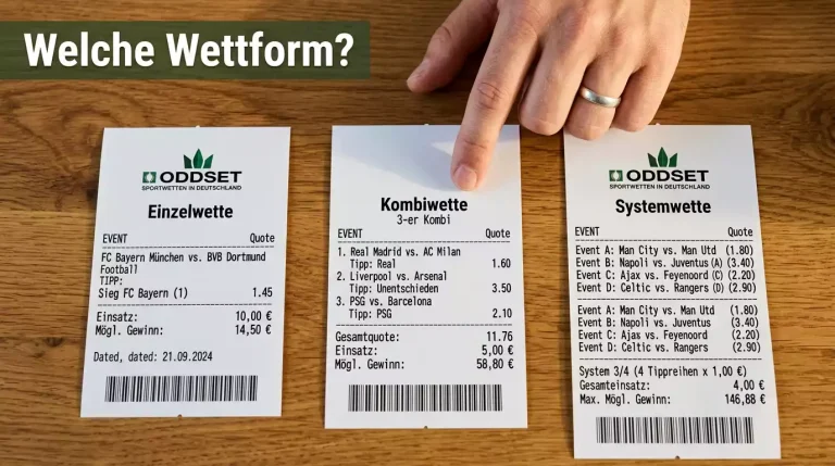 Einzelwette vs. Systemwette — drei verschiedene Wettscheine nebeneinander auf einem Tisch