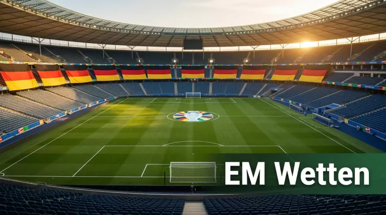 EM Wetten — Europameisterschaft-Stadion mit Nationalflaggen und Fußballfeld bei Flutlicht