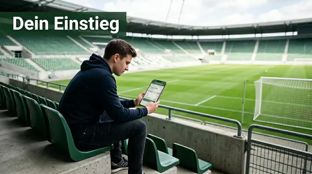 Fußball Wetten für Anfänger — junger Mann hält ein Smartphone mit Wettschein vor einem Fußballfeld