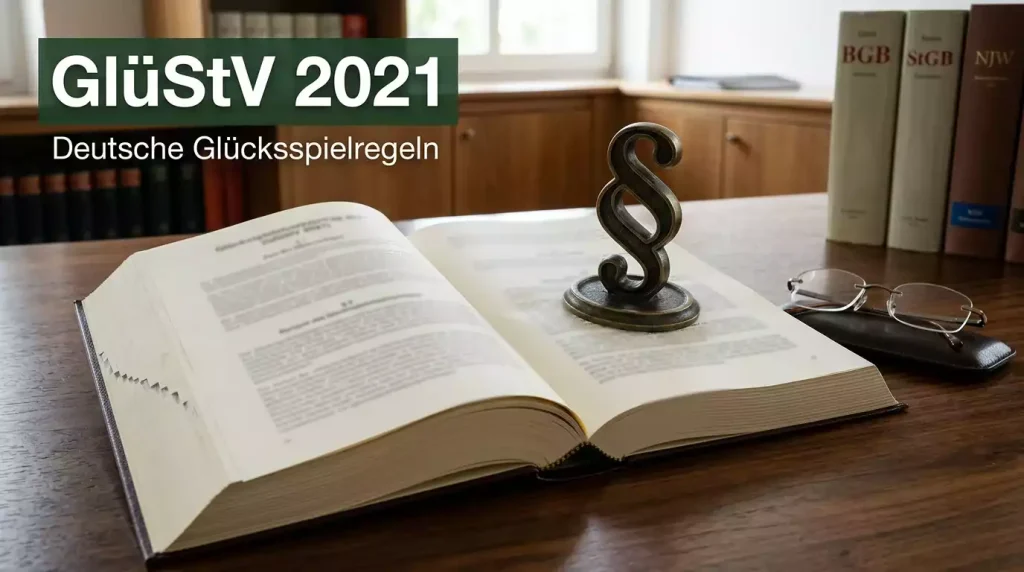 Glücksspielstaatsvertrag 2021 — deutsches Gesetzesdokument auf einem Schreibtisch mit Paragraphenzeichen