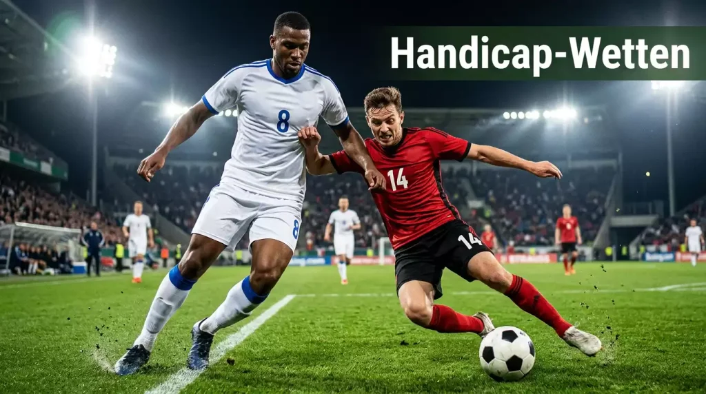 Handicap Wetten Fußball — Fußballspieler im Zweikampf auf grünem Rasen mit Stadion im Hintergrund