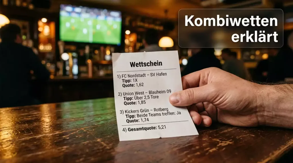 Kombiwetten Fußball — mehrere Wettscheine auf einem Tisch mit Fußball im Hintergrund