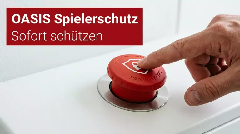 OASIS Sperrsystem — Hand drückt auf einen Schutzschild-Button als Symbol für Spielerschutz