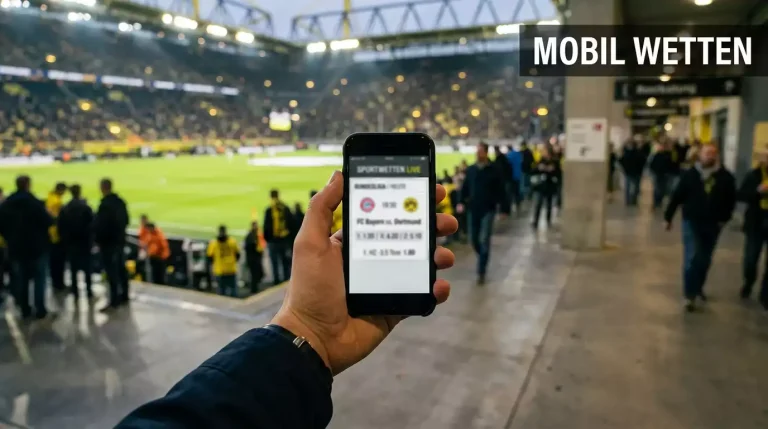 Sportwetten App Fußball — Smartphone mit Wettschein-Oberfläche in einer Hand vor einem Fußballstadion