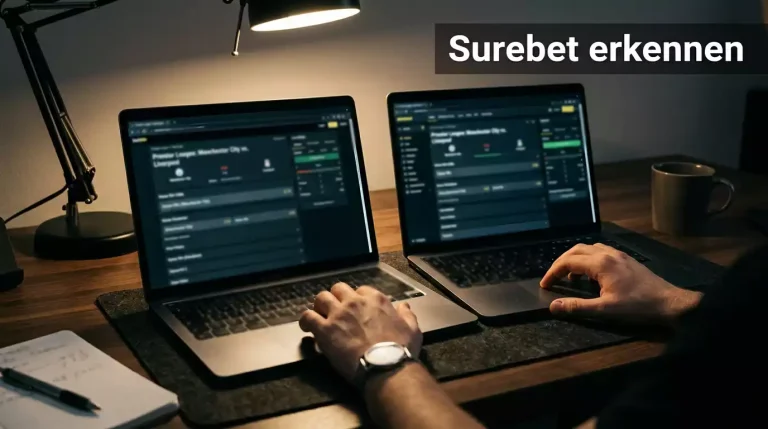 Surebets Fußball — zwei Bildschirme nebeneinander mit unterschiedlichen Wettquoten auf demselben Spiel