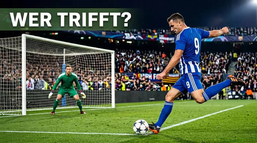 Torschützenwetten Fußball — Stürmer im Stadion kurz vor dem Torschuss mit Blick aufs Tor
