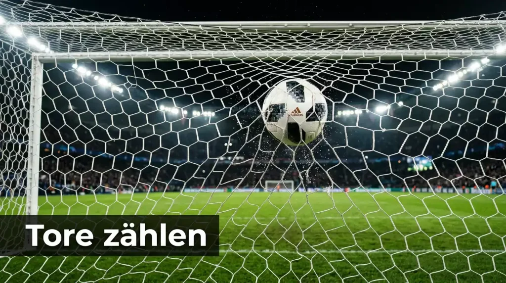 Über/Unter Wetten Fußball — Ball fliegt ins Tornetz, eingefangen im Moment des Treffers