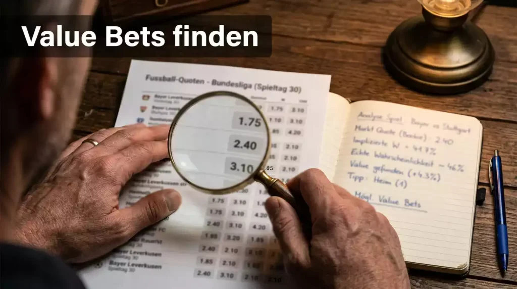 Value Bets im Fußball erkennen — Lupe über Wettquoten auf einem Bildschirm