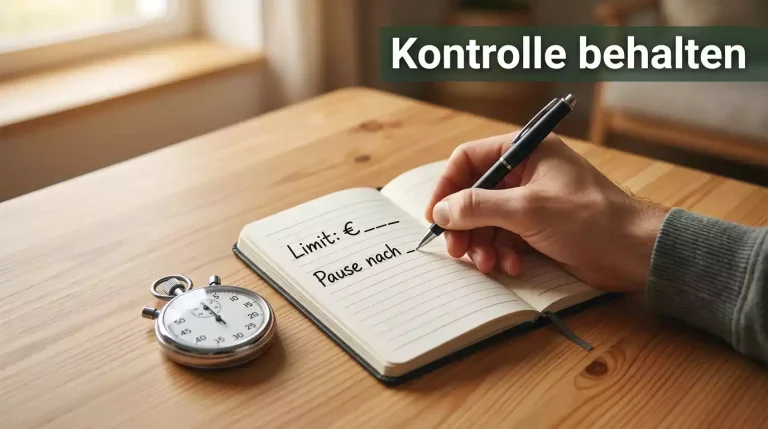 Verantwortungsvoll Wetten — Person setzt sich Grenzen mit einem Notizbuch und Stoppuhr
