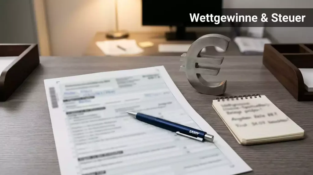 Wettgewinne versteuern — Steuerformular und €-Zeichen auf einem Schreibtisch mit Notizblock