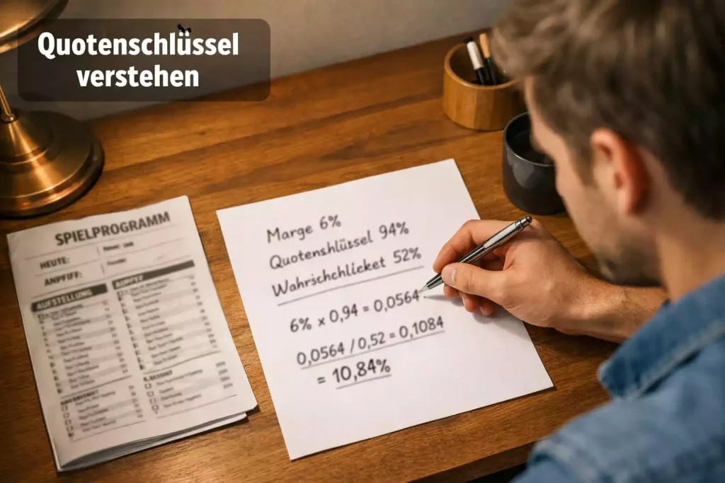 Wettquoten berechnen — Quotenschlüssel und Marge eines Buchmachers auf einem Dokument erklärt