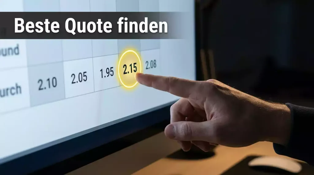 Wettquoten Vergleich Fußball — Finger zeigt auf die beste Quote zwischen mehreren Angeboten auf dem Bildschirm