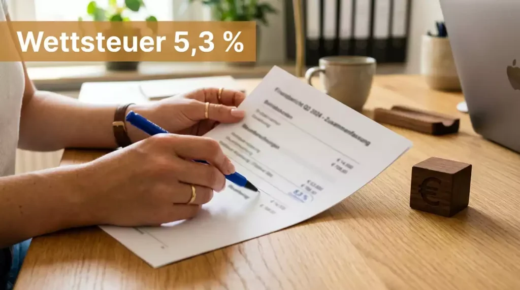 Wettsteuer in Deutschland — Person rechnet Steuerabzüge mit Dokument und €-Symbol auf dem Tisch