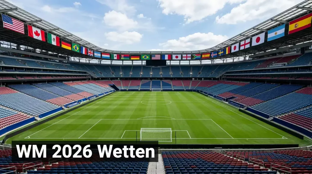 WM 2026 Wetten — großes Fußballstadion in Nordamerika mit Nationalflaggen und WM-Atmosphäre