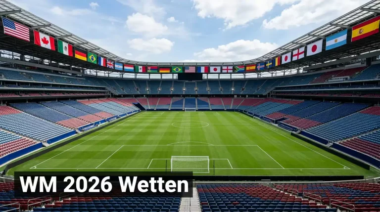 WM 2026 Wetten — großes Fußballstadion in Nordamerika mit Nationalflaggen und WM-Atmosphäre